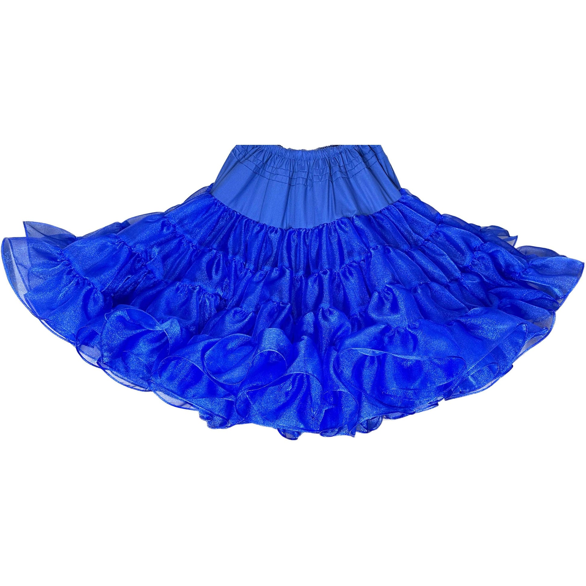 A blue ruffled Crystal Petticoat made by Square Up Fashions on a white background.