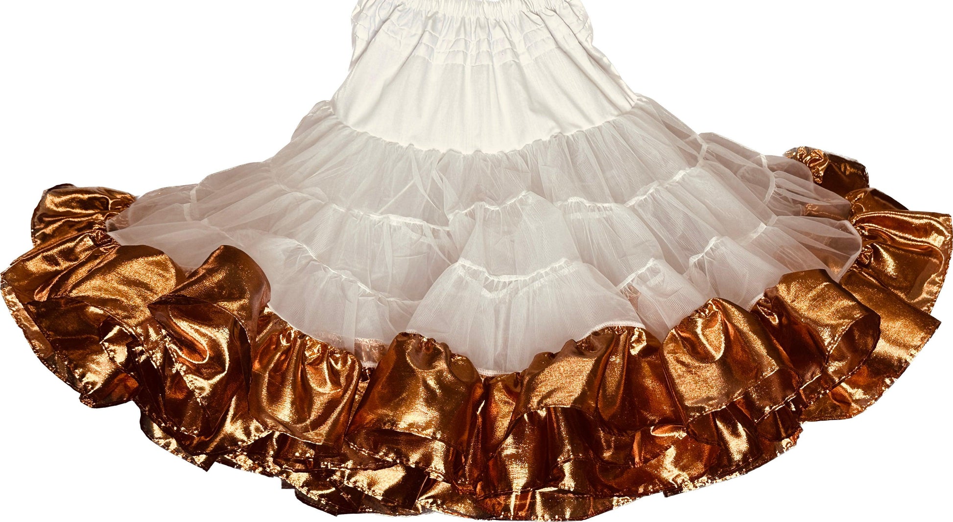 The Square Up Fashions Combo Metallic Petticoat (60 yard) features layered tulle and a shiny metallic gold ruffled hem, crafted from tissue lame for a stunning effect—perfect to add flair to your square dance outfit.