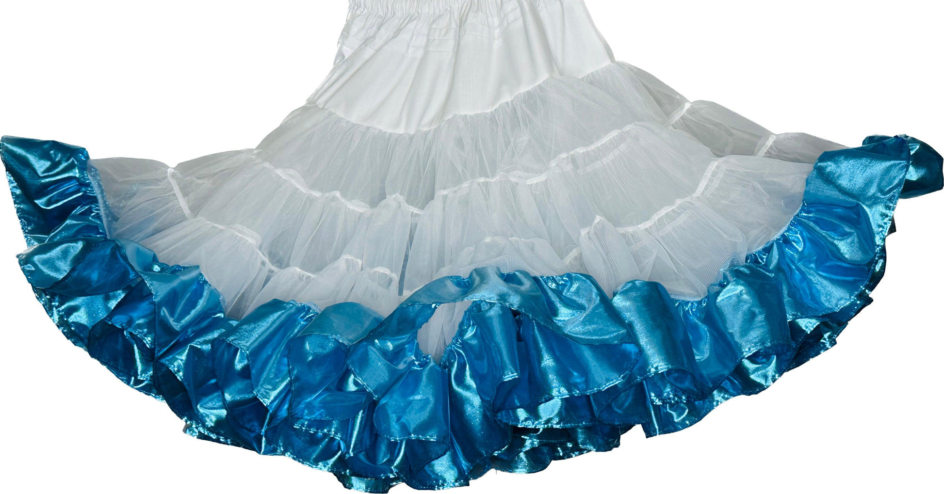 The Combo Metallic Petticoat (60 yard) by Square Up Fashions features a white, tiered Tissue Lame fabric with blue metallic ruffled trim, ideal as a petticoat or for finishing your square dance look. Shown against a plain background.